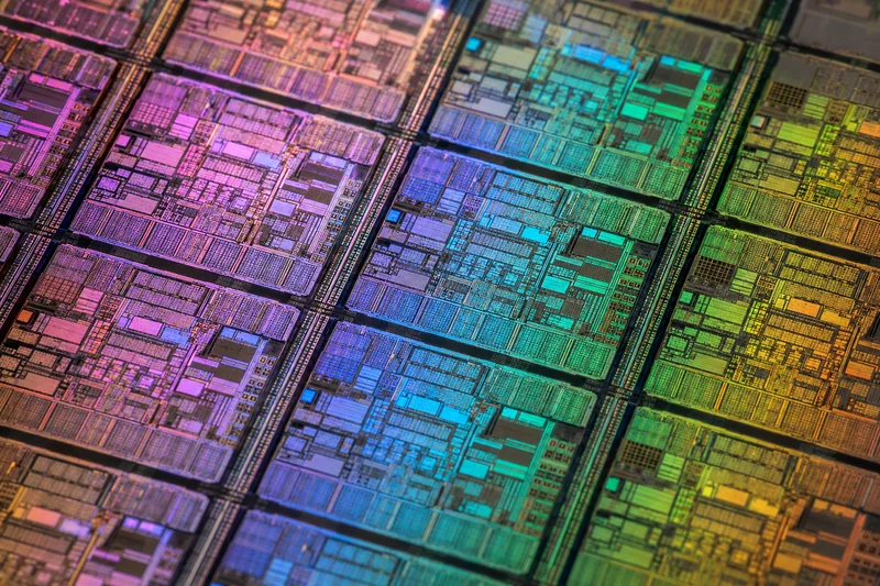 Studio macro illustration of adjacent silicon dies with rainbow-like reflections across their fine surface patterns